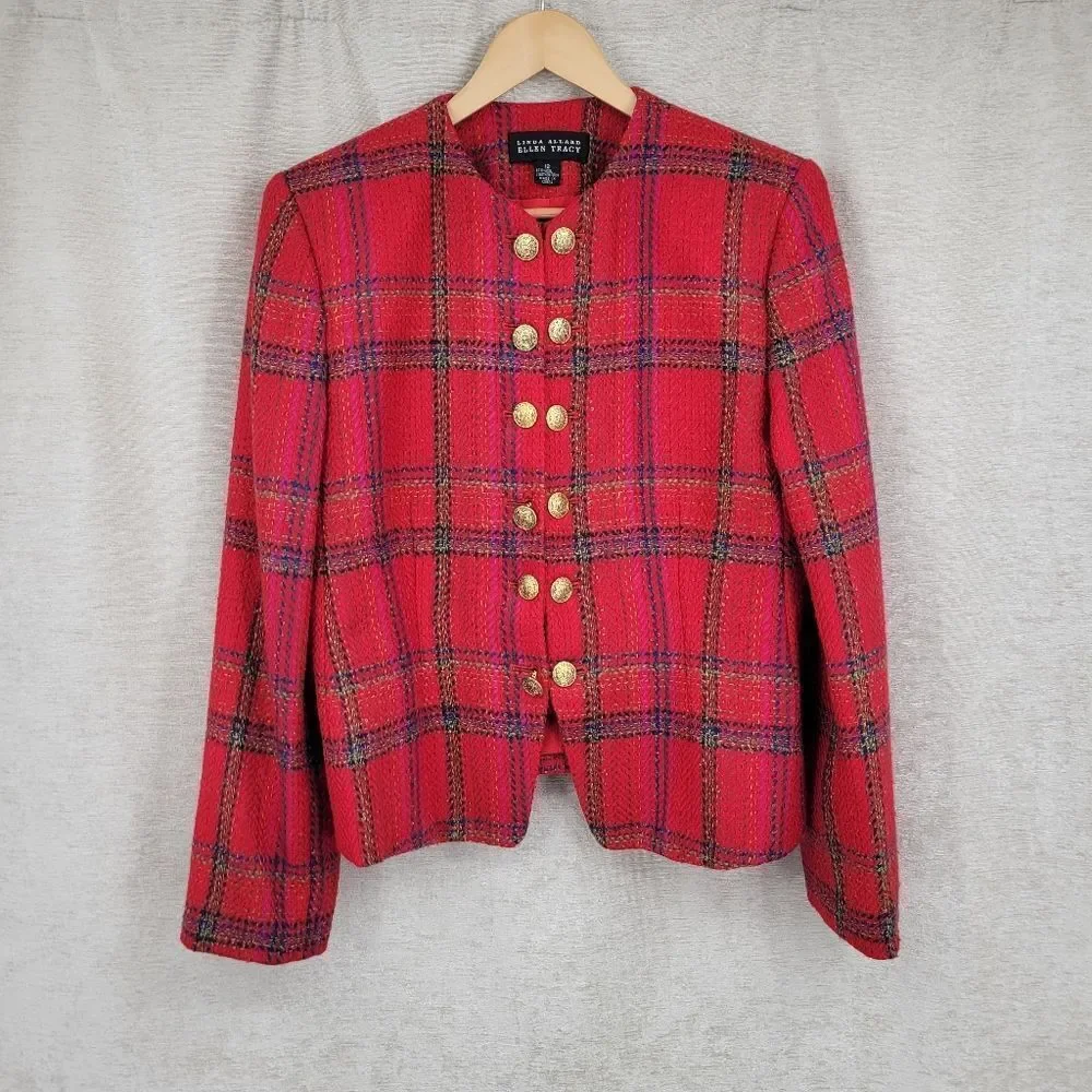 Ellen Tracy Red Plaid Blazer Double Breasted Gold Buttons Skirt Suit Set Tweed